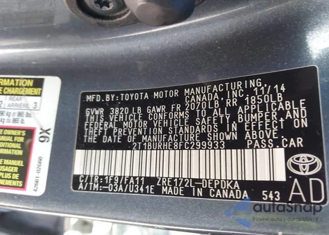 2015 Toyota Corolla L z USA, uszkodzony, nr VIN 2T1BURHE8FC299933